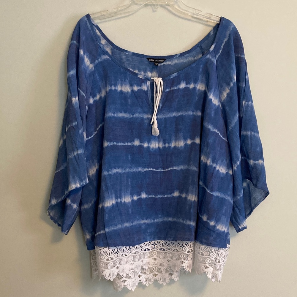 Unique Spectrum Blue Tie-Dye Blouse with Lace Trim